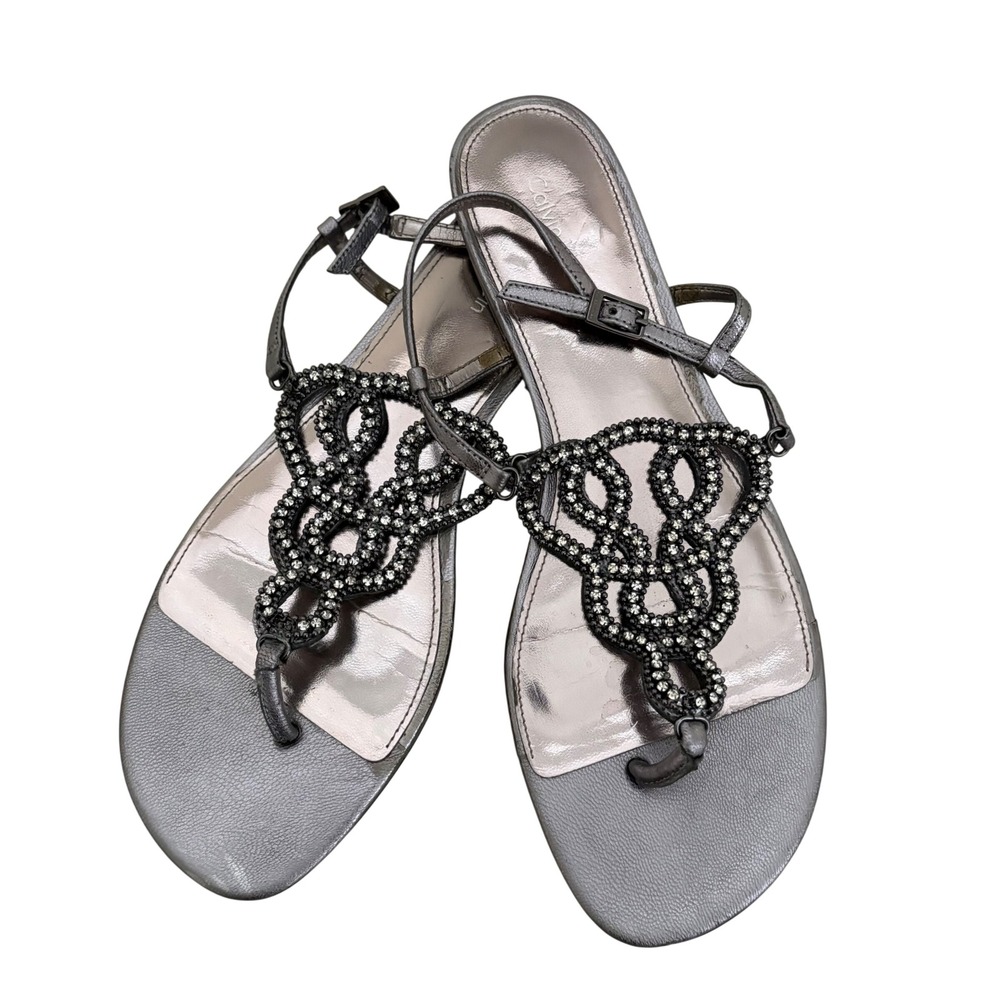 Calvin Klein Pewter Metallic Beaded Medallion Thong Sandals Flat Ankle Strap